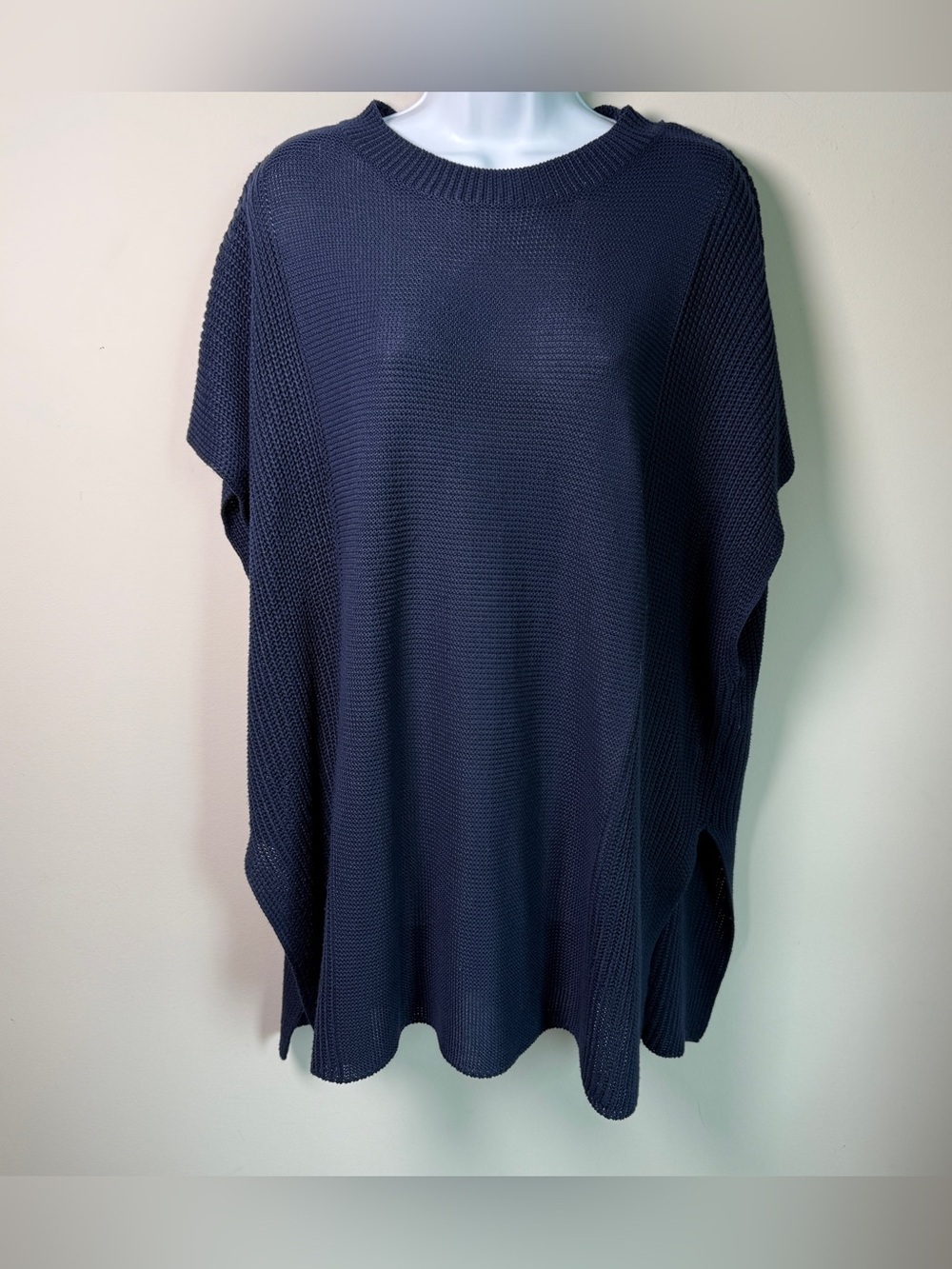 Navy Blue Oversized Knit Poncho Sweater | Coastal Boho Minimalist | 4XL